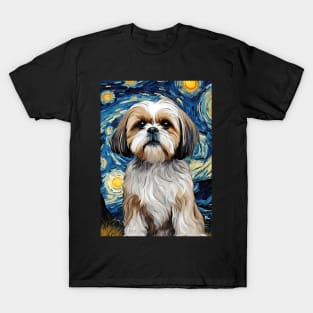 Cute Shih Tzu Dog Breed Painting in a Van Gogh Starry Night Art Style T-Shirt